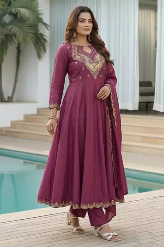mauve embroidered cp vichitra  free size stitched kurta set