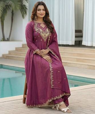 mauve embroidered cp vichitra  free size stitched kurta set 3