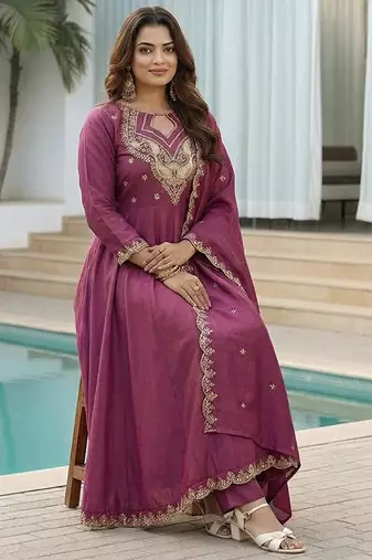mauve embroidered cp vichitra  free size stitched kurta set