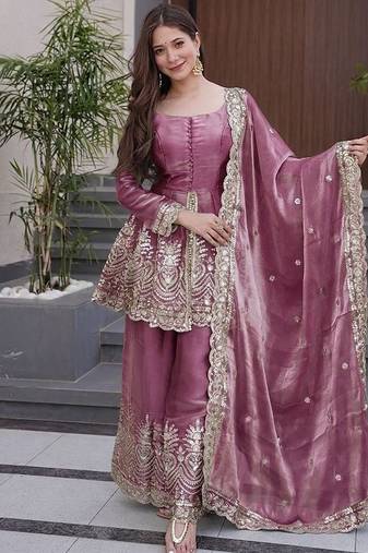 mauve embroidered fendy silk free size stitched kurta set