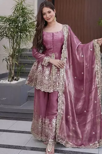 mauve embroidered fendy silk free size stitched kurta set