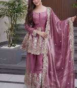 mauve embroidered fendy silk free size stitched kurta set