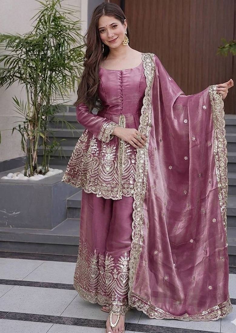 mauve embroidered fendy silk free size stitched kurta set