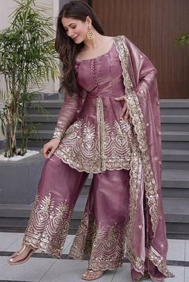 mauve embroidered fendy silk free size stitched kurta set 2