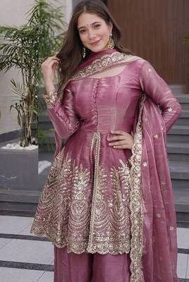 mauve embroidered fendy silk free size stitched kurta set 3