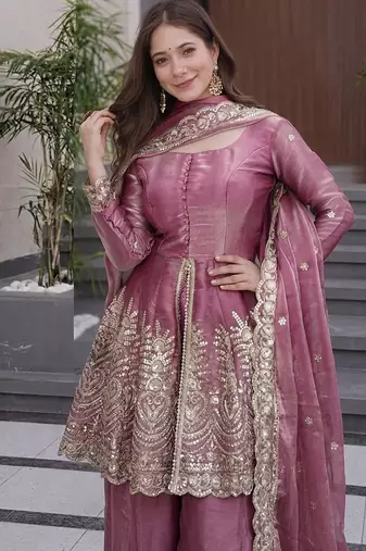 mauve embroidered fendy silk free size stitched kurta set