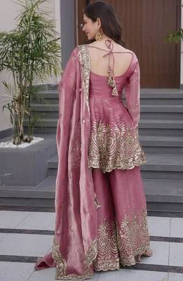 mauve embroidered fendy silk free size stitched kurta set 4