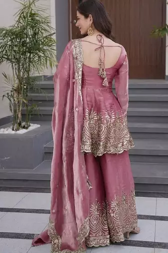 mauve embroidered fendy silk free size stitched kurta set