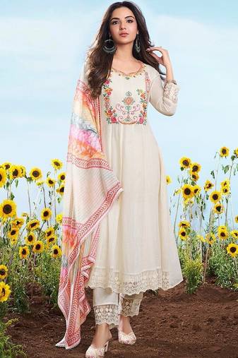 white embroidered cotton free size stitched kurta set