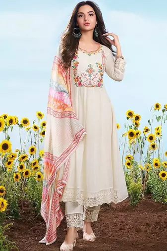 white embroidered cotton free size stitched kurta set