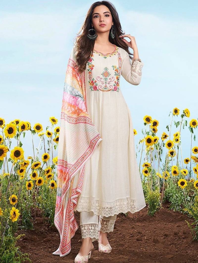 white embroidered cotton free size stitched kurta set