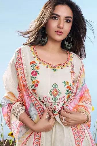 white embroidered cotton free size stitched kurta set