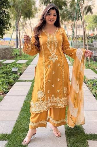 mustard embroidered chanderi free size stitched kurta set