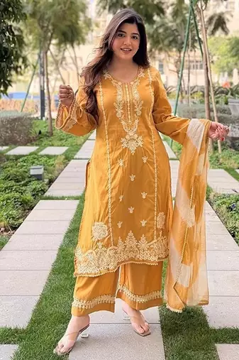 mustard embroidered chanderi free size stitched kurta set