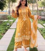 mustard embroidered chanderi free size stitched kurta set