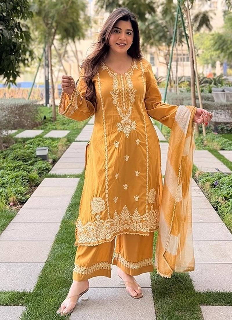 mustard embroidered chanderi free size stitched kurta set