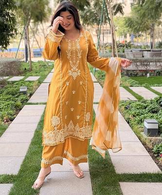 mustard embroidered chanderi free size stitched kurta set 2