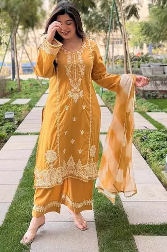 mustard embroidered chanderi free size stitched kurta set