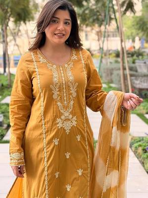 mustard embroidered chanderi free size stitched kurta set 3