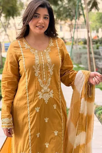 mustard embroidered chanderi free size stitched kurta set