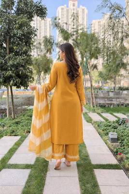 mustard embroidered chanderi free size stitched kurta set 4