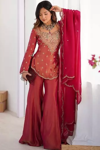 rust embroidered chanderi free size stitched short kurti suit