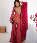 rust embroidered chanderi free size stitched short kurti suit