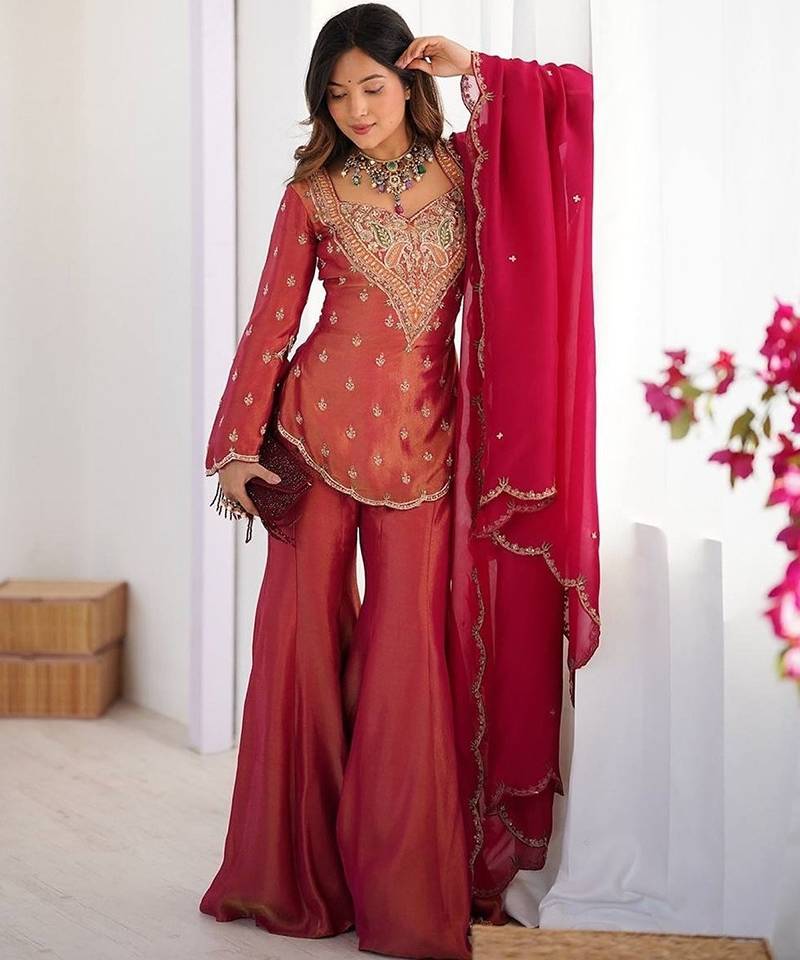 rust embroidered chanderi free size stitched short kurti suit