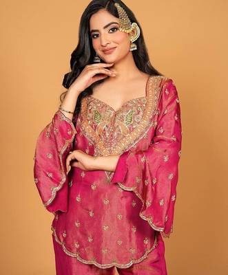 rust embroidered chanderi free size stitched short kurti suit 2