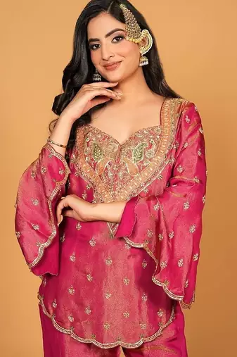 rust embroidered chanderi free size stitched short kurti suit