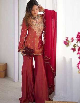 rust embroidered chanderi free size stitched short kurti suit 3