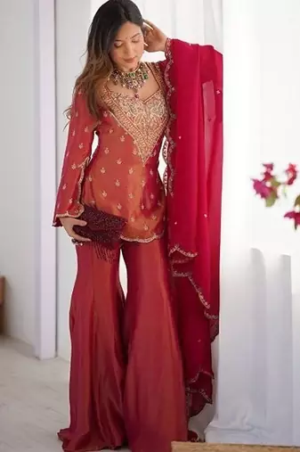 rust embroidered chanderi free size stitched short kurti suit