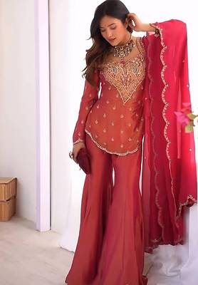 rust embroidered chanderi free size stitched short kurti suit 4