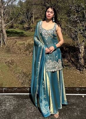 peacock embroidered fendi satin free size stitched short kurti suit 2