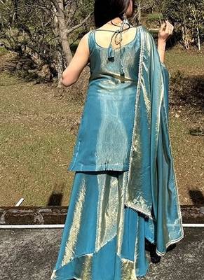 peacock embroidered fendi satin free size stitched short kurti suit 3