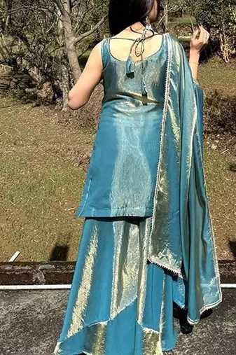peacock embroidered fendi satin free size stitched short kurti suit