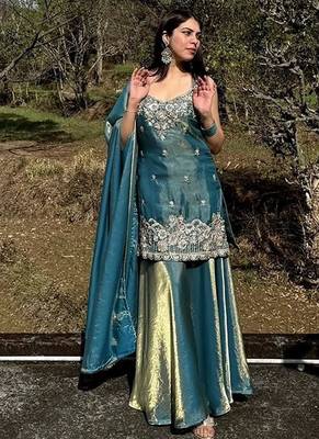 peacock embroidered fendi satin free size stitched short kurti suit 4