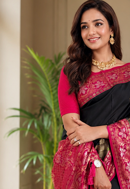 black color zari weaves contrast pallu and designer chaap border silk blend saree