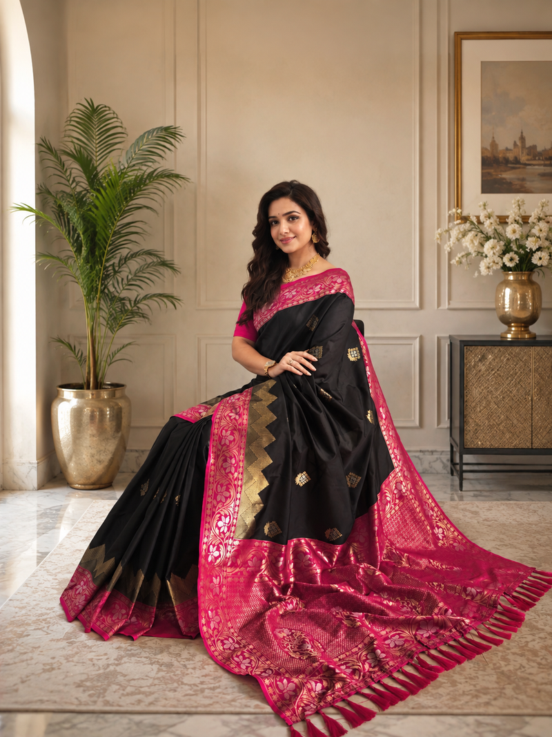 black color zari weaves contrast pallu and designer chaap border silk blend saree