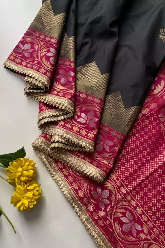 black color zari weaves contrast pallu and designer chaap border silk blend saree