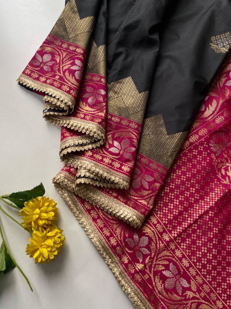black color zari weaves contrast pallu and designer chaap border silk blend saree