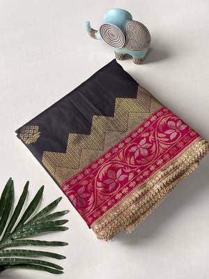 black color zari weaves contrast pallu and designer chaap border silk blend saree 4