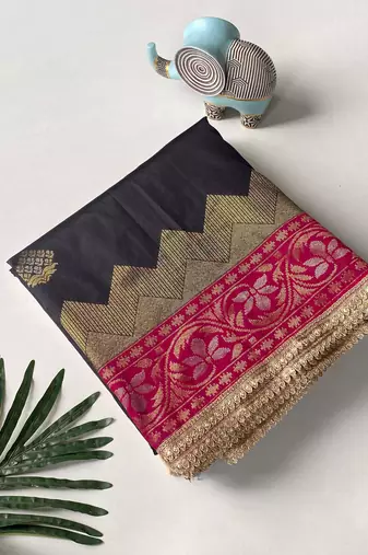 black color zari weaves contrast pallu and designer chaap border silk blend saree