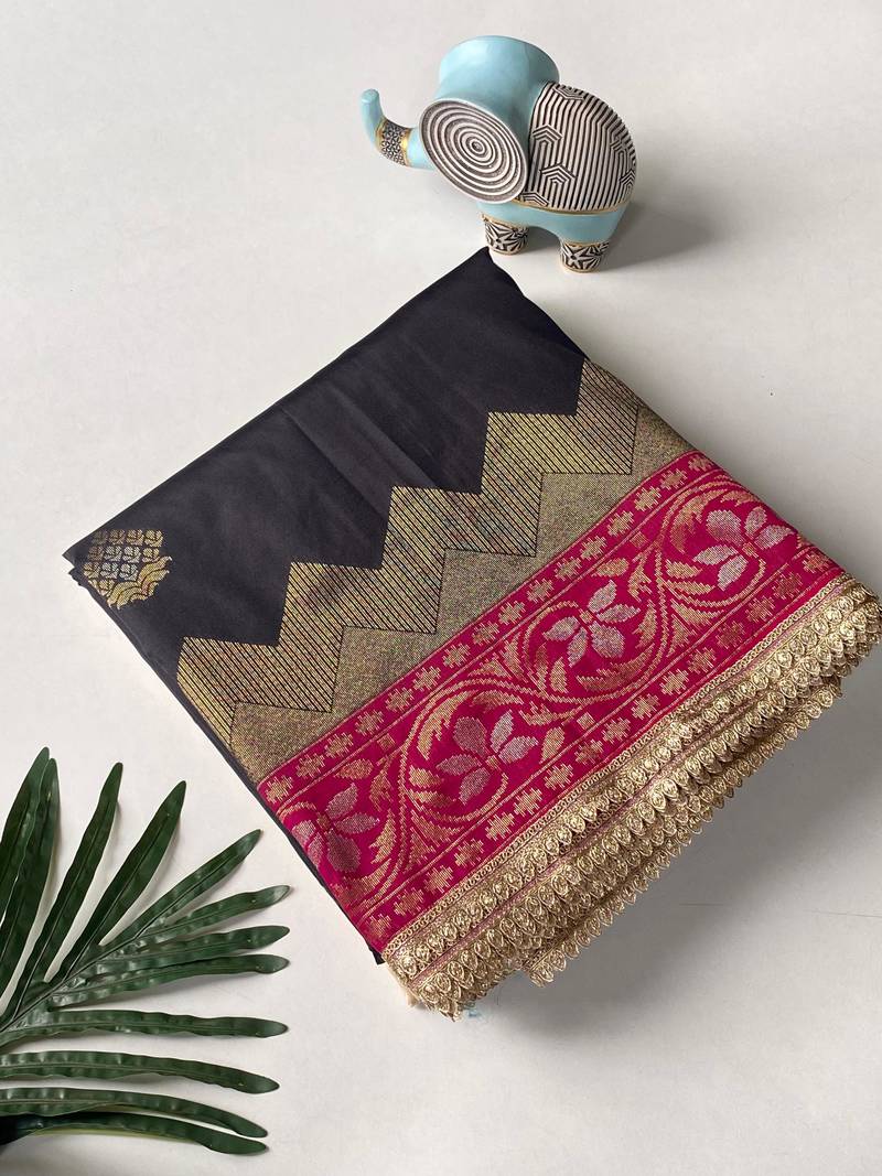 black color zari weaves contrast pallu and designer chaap border silk blend saree