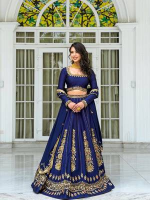 Neavy Blue thread with Sequnce work Chinon Lehenga Choli Set 1