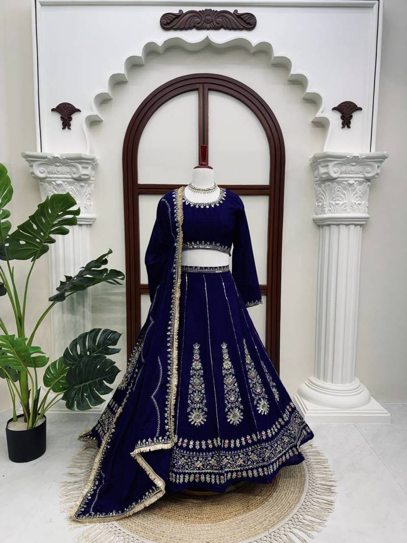 Neavy Blue thread with Sequnce work Chinon Lehenga Choli Set