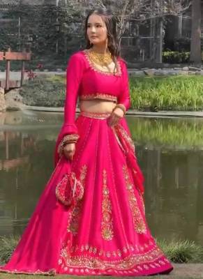 Pink thread with Sequnce work Chinon Lehenga Choli Set 1