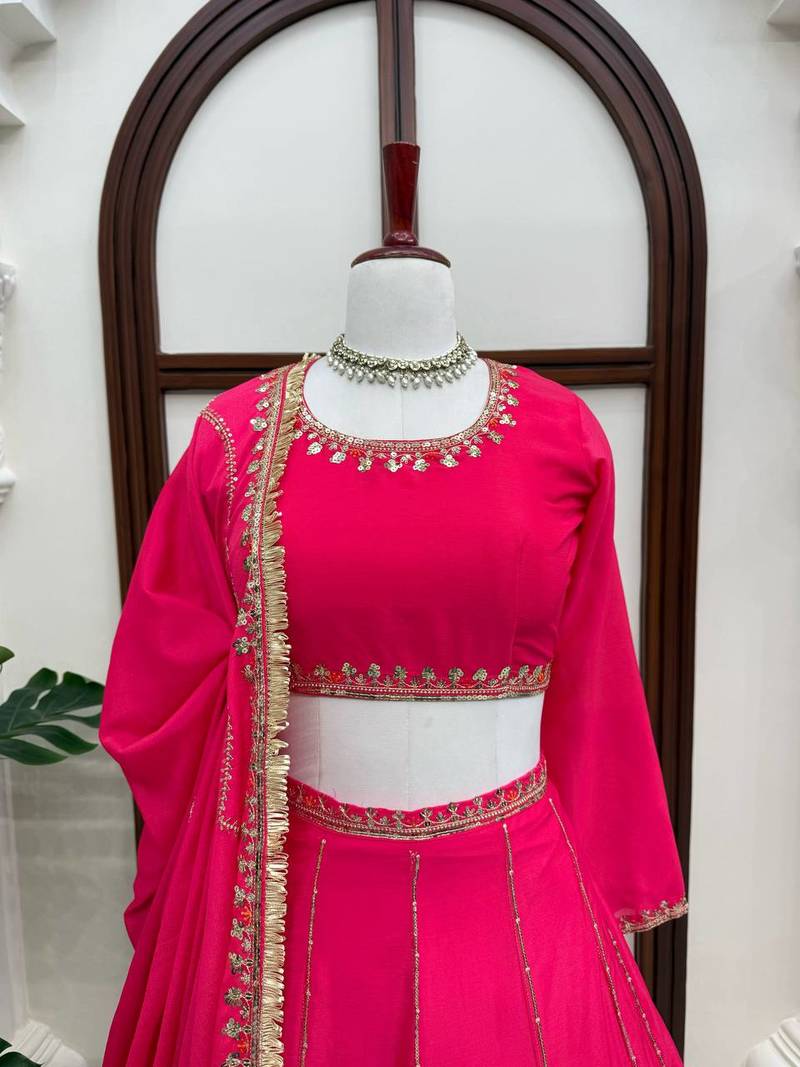 Pink thread with Sequnce work Chinon Lehenga Choli Set