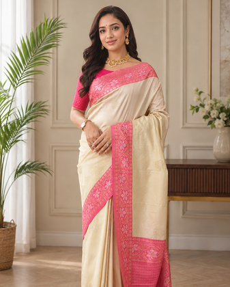 cream color zari weaves contrast pallu and designer chaap border silk blend saree