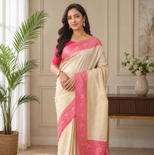 cream color zari weaves contrast pallu and designer chaap border silk blend saree